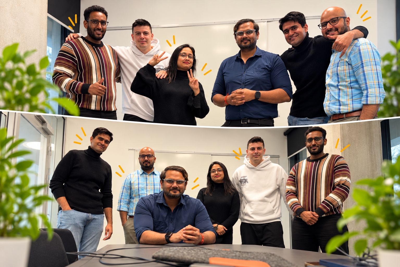 Two photos of our research group at SDU in a meeting room: standing together, and gathered around a table
